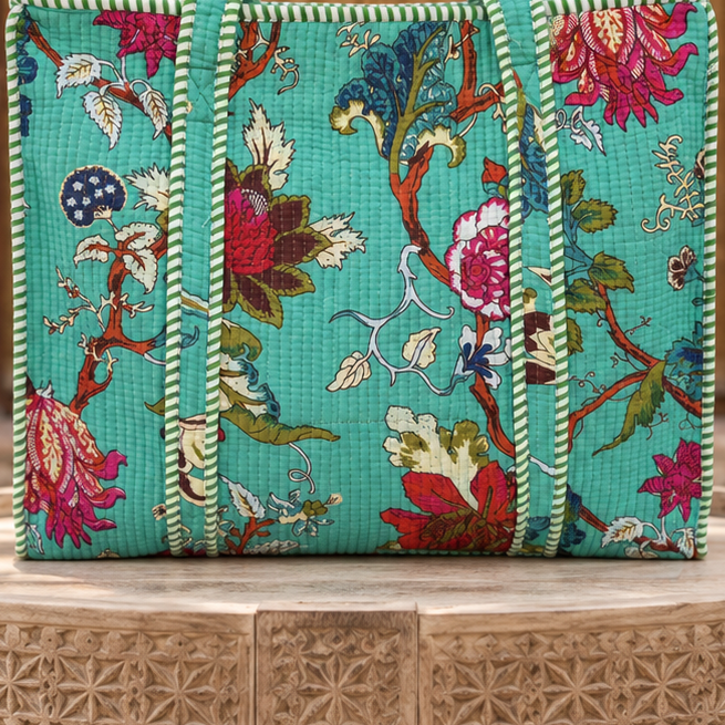 Turquoise Floral Quilted Tote Bag
