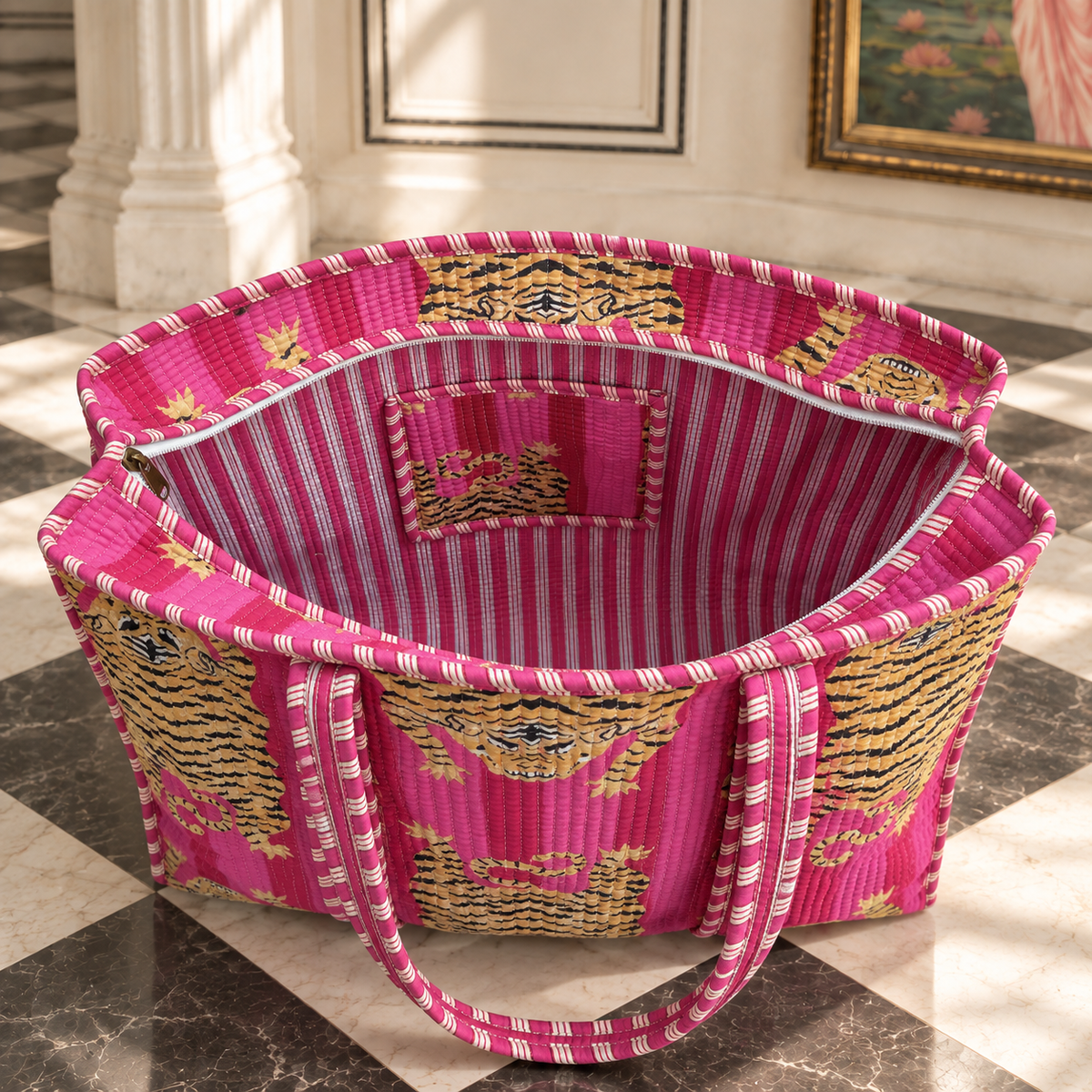 Pink Tiger Quilted Tote Bag