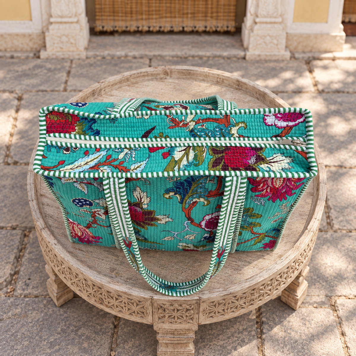 Turquoise Floral Quilted Tote Bag