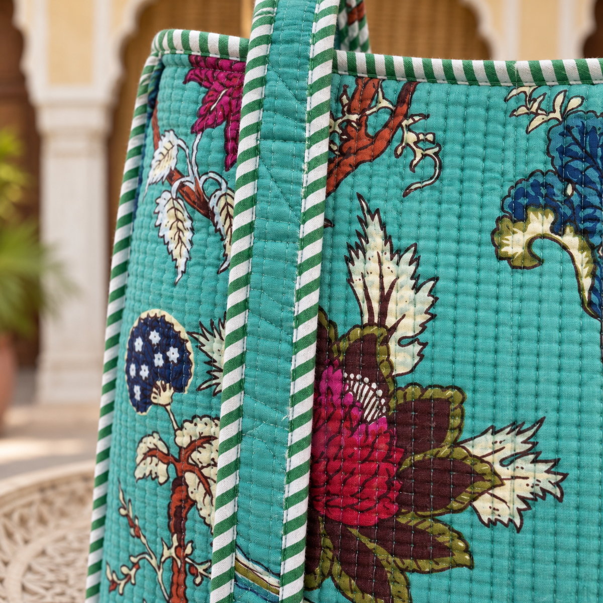 Turquoise Floral Quilted Tote Bag