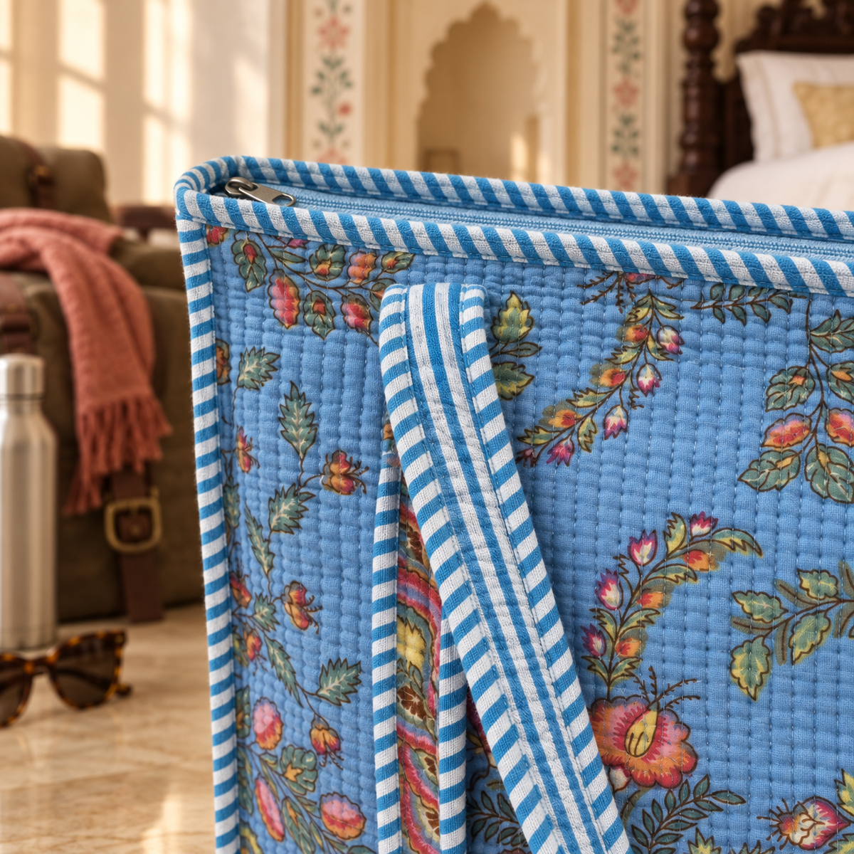 Pale Blue Floral Quilted Tote Bag