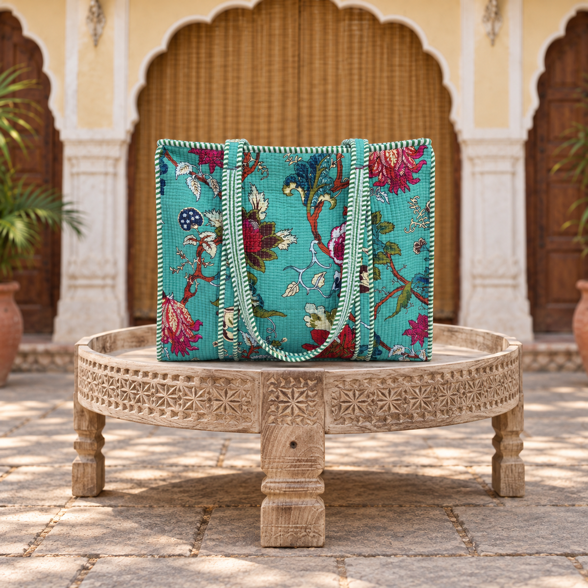 Turquoise Floral Quilted Tote Bag