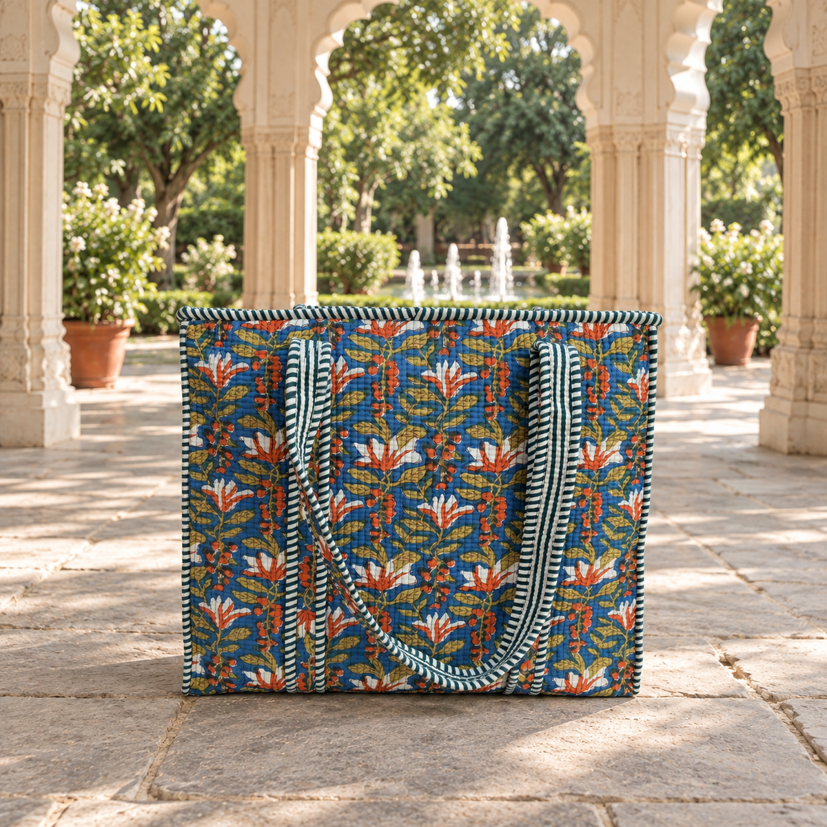 Blue and Orange Floral Quilted Tote Bag