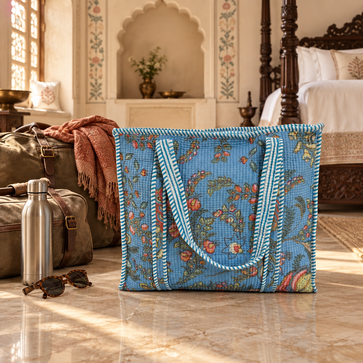 Pale Blue Floral Quilted Tote Bag