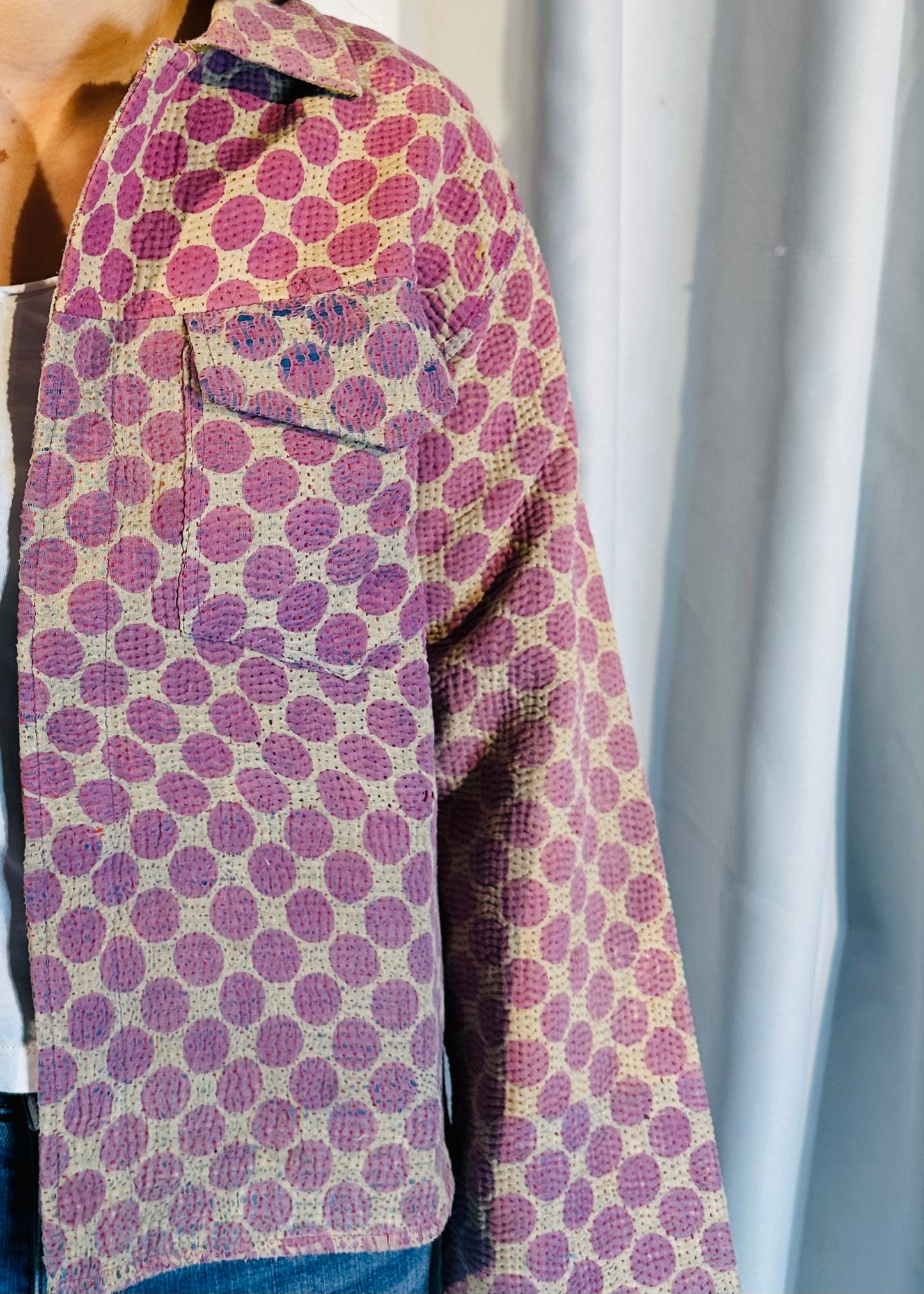 Sustainably Crafted Unique Quilted Trucker Jacket with Purple Polka Dots on Cream from Recycled Saris - DharBazaar