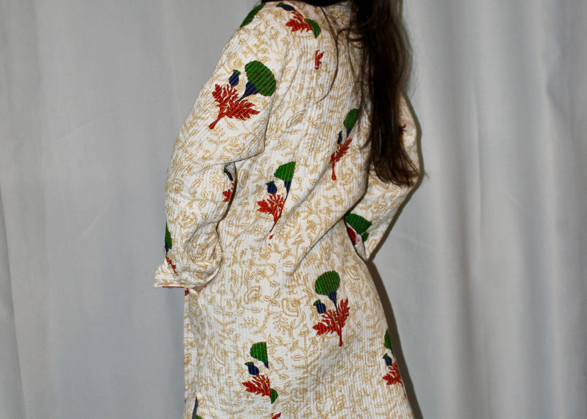 Kantha Quilted Long Line Jacket in White - DharBazaar