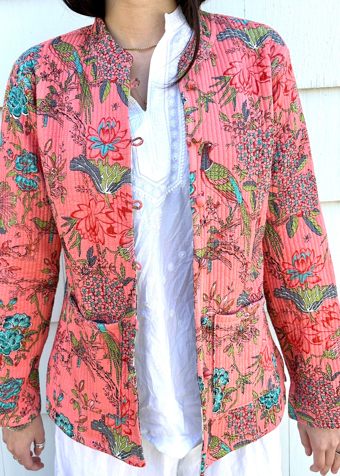 Kantha Quilted Jacket in Pink I Womens Jacket I Cotton Jacket I Quilted Jacket - DharBazaar