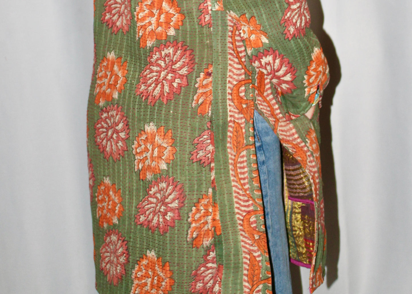 Long Green and Orange Kantha Quilted Jacket in Maroon | Recycled Saris | Sustainable Fashion | Luxury Jacket | Quilted Jacket | Handcrafted - DharBazaar