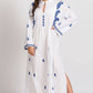 Cotton Caftan in White Featuring Hand-embroidered Blue Paisleys - DharBazaar