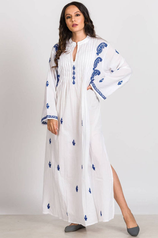 Cotton Caftan in White Featuring Hand-embroidered Blue Paisleys - DharBazaar