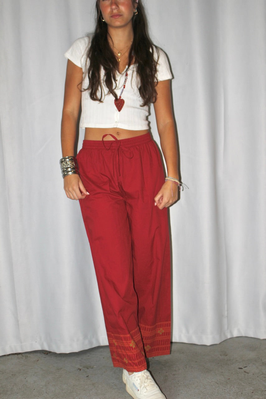 Luxury Cotton Culottes in Red with Floral Trim I Cotton Pants I Womens Pants I Trousers I Formal Pants in Red - DharBazaar