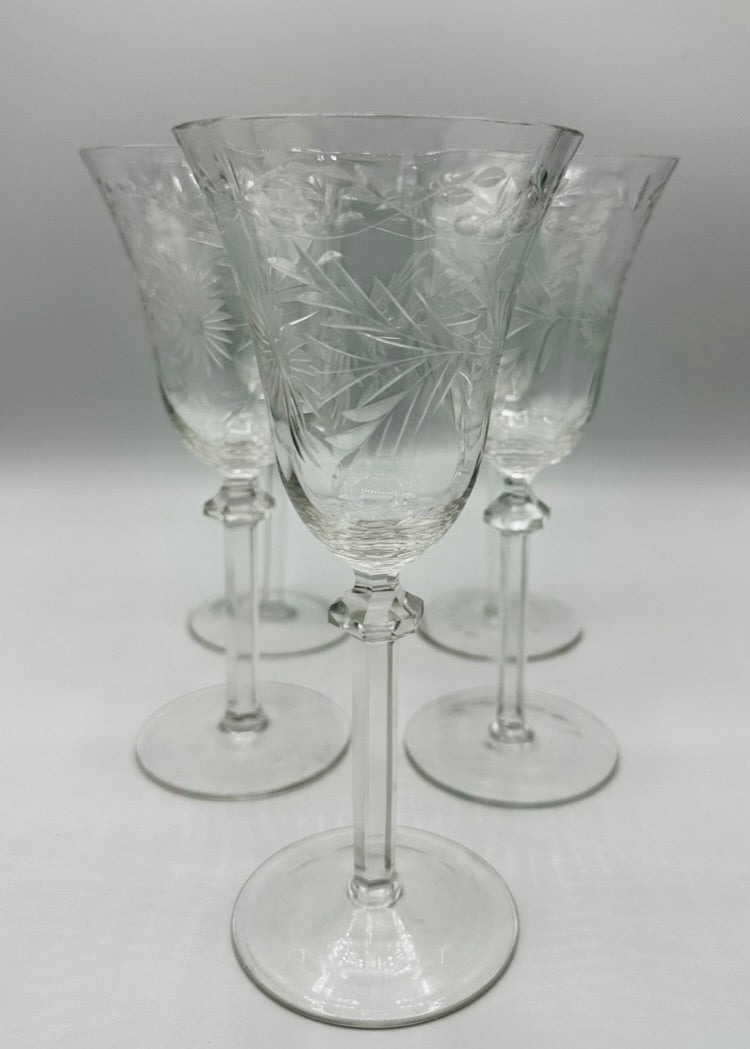 Set of Six Vintage Elegant Wine Glasses with Etched Floral Motif by Imperial Glass-Ohio - DharBazaar
