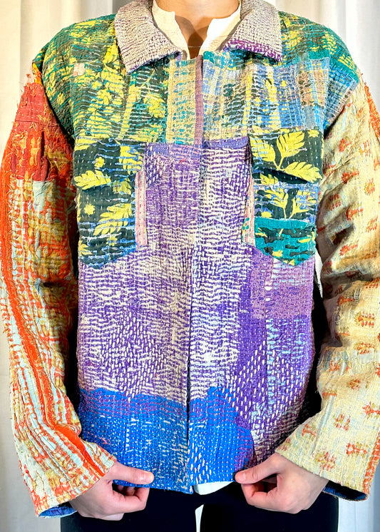 Sustainably Crafted Unique Quilted Trucker Jacket in Blue, Purple, green and Yellow from Recycled Saris - DharBazaar