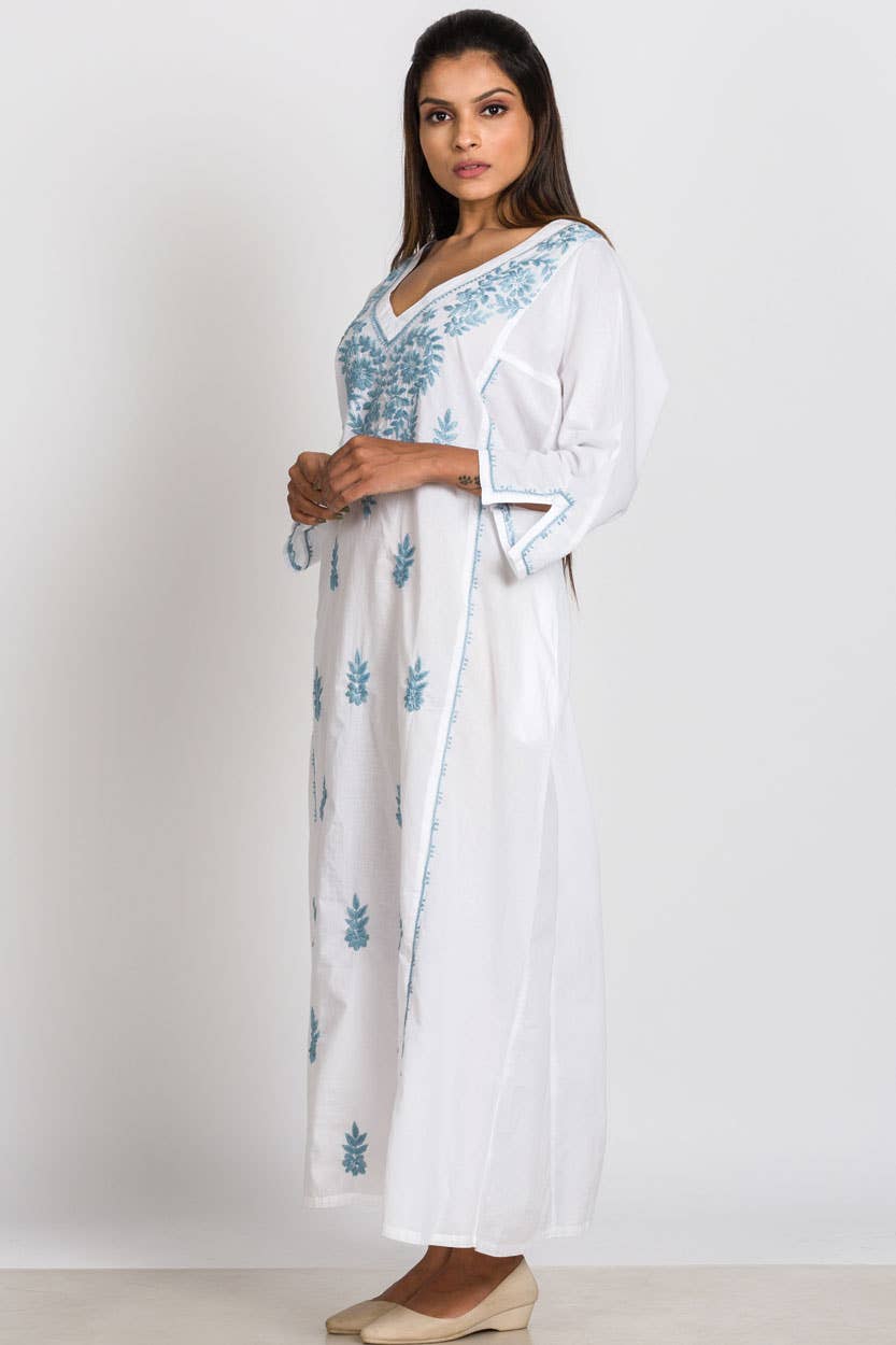 White Cotton Caftan with Light Blue Hand Embroidery - DharBazaar