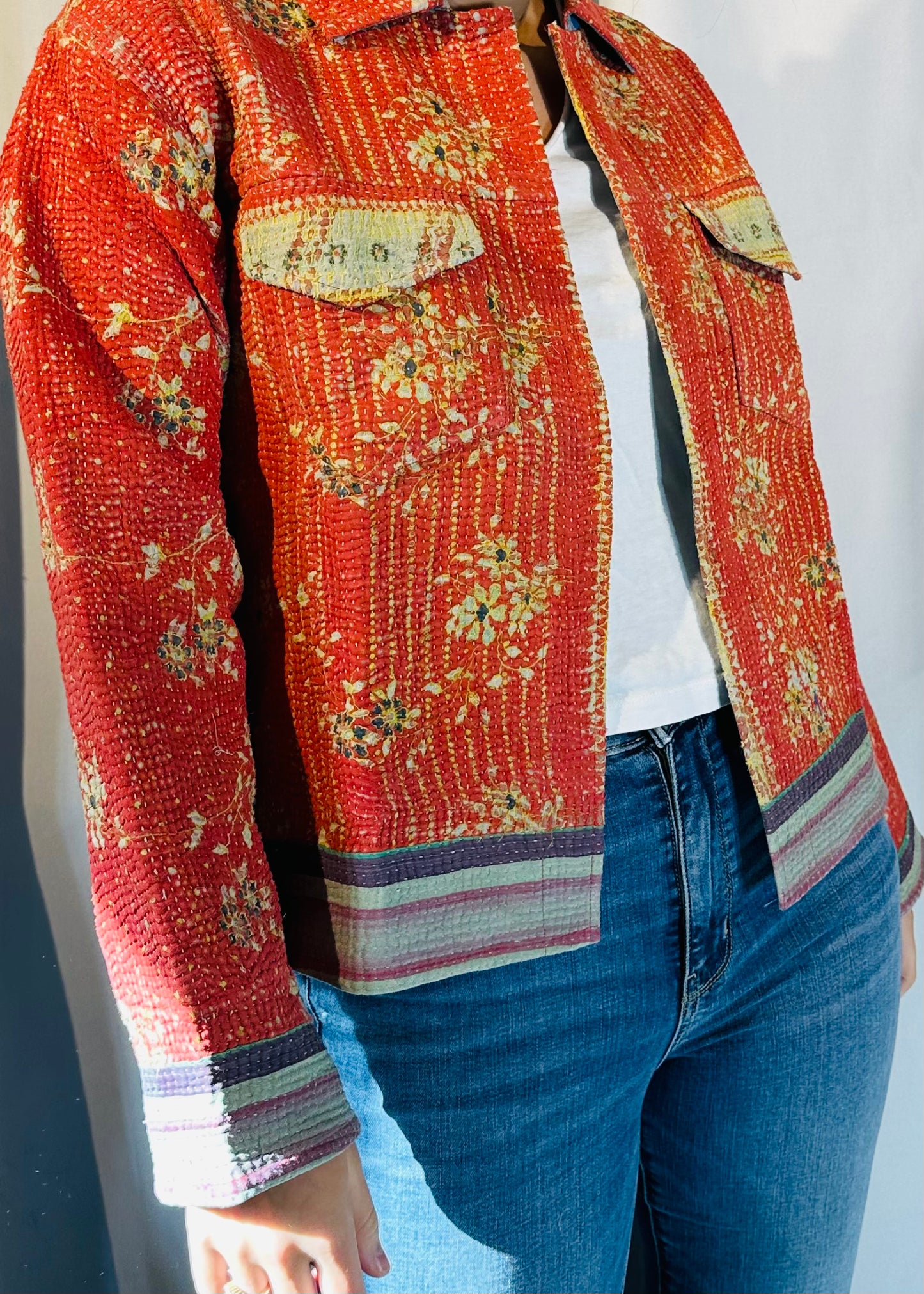 Sustainably Crafted Unique Quilted Trucker Jacket in Vibrant Orange from Recycled Saris - DharBazaar