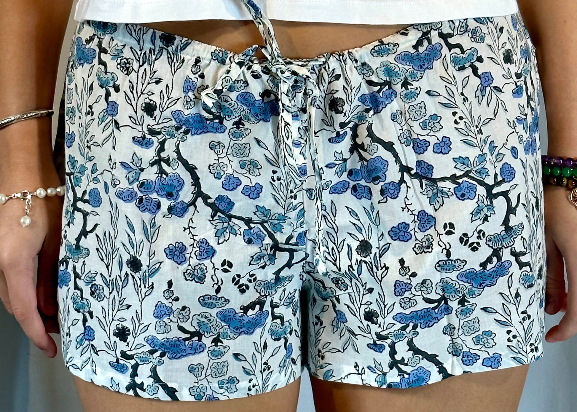 Block Print Cotton 'Savannah' Shorts I Blue Chinoiserie - DharBazaar