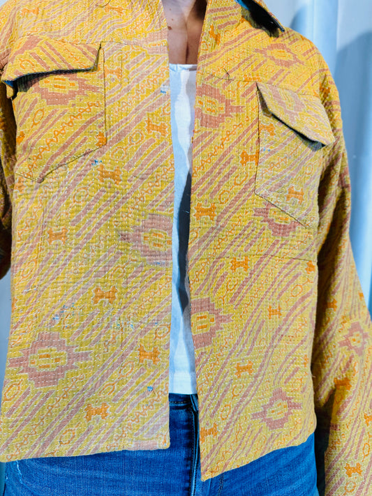 Sustainably Crafted Unique Quilted Trucker Jacket in Vibrant Orange from Recycled Saris - DharBazaar