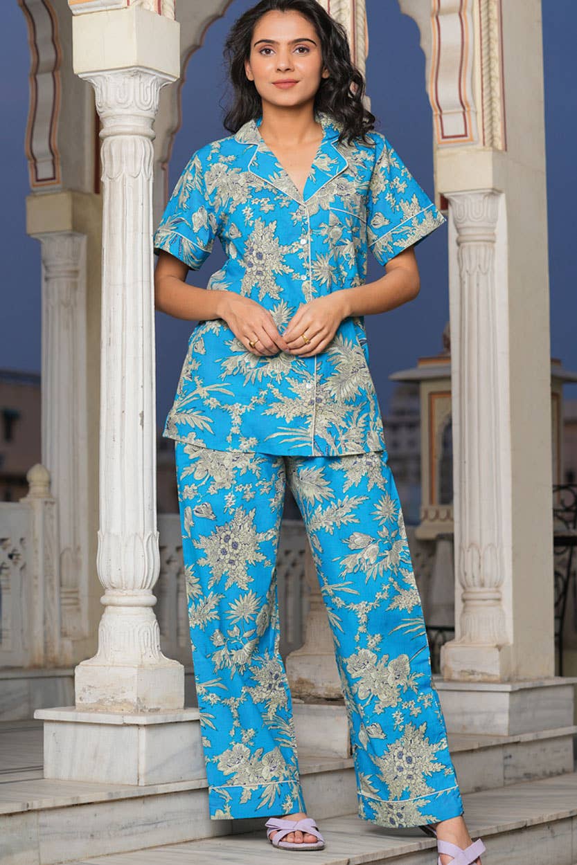 Turquoise & Gold Short Sleeve Cotton Pajamas - DharBazaar