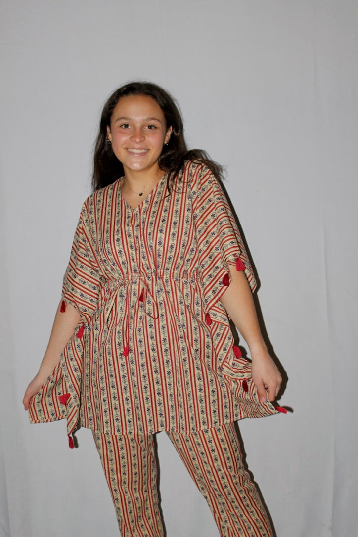Beige Moomoo Pajamas with Red Stripes and Flowers | Perfect swimsuit cover up | 100% Cotton | Loose fitting | Comes in long and short - DharBazaar