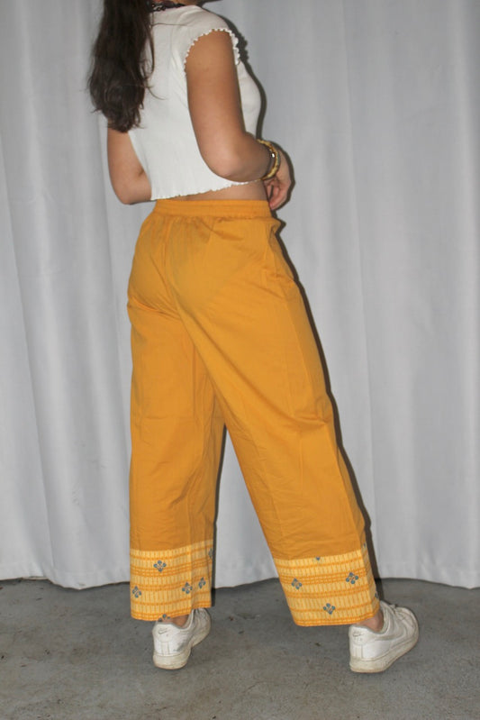 Luxury Cotton Culottes in Yellow with Floral Trim I Cotton Pants I Womens Pants I Trousers I Formal Pants - DharBazaar