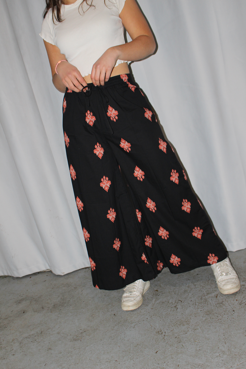 Luxury Cotton Culottes in black with Pink Mughal Floral Design I Cotton Pants I Womens Pants I Trousers I Formal Pants in Black - DharBazaar