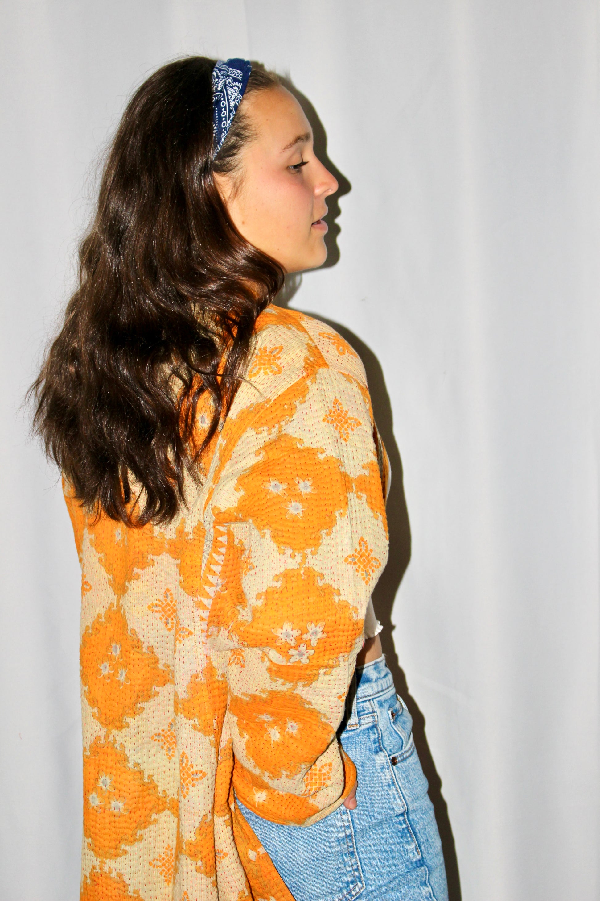 Long Orange Kantha Quilted Jacket | Recycled Saris | Sustainable Fashion | Luxury Jacket | Quilted Jacket | Handcrafted - DharBazaar