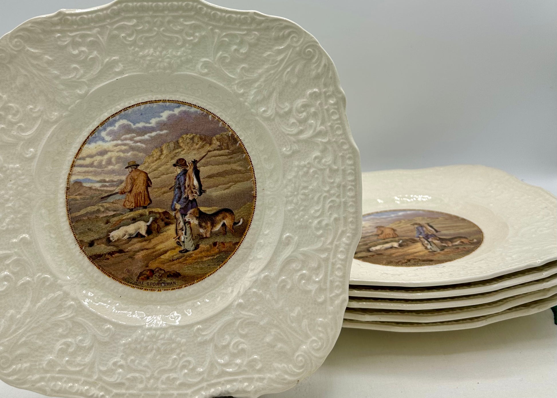 Set of 6 Antique Royal Cauldon Ridgewood Lunch Plates with Rare 'The Sportsman Pattern' I Transferware - DharBazaar