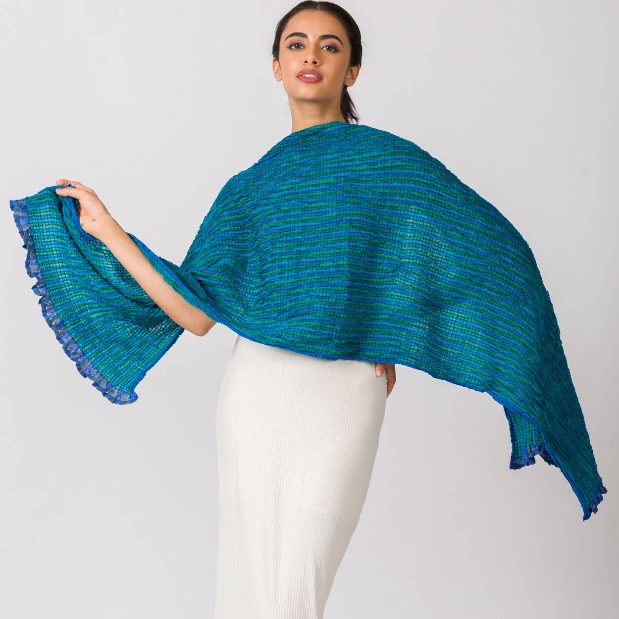 Peacock Blue Silk & Wool Wrap I Silk Shawl I Evening Wrap I Wool Shawl - DharBazaar