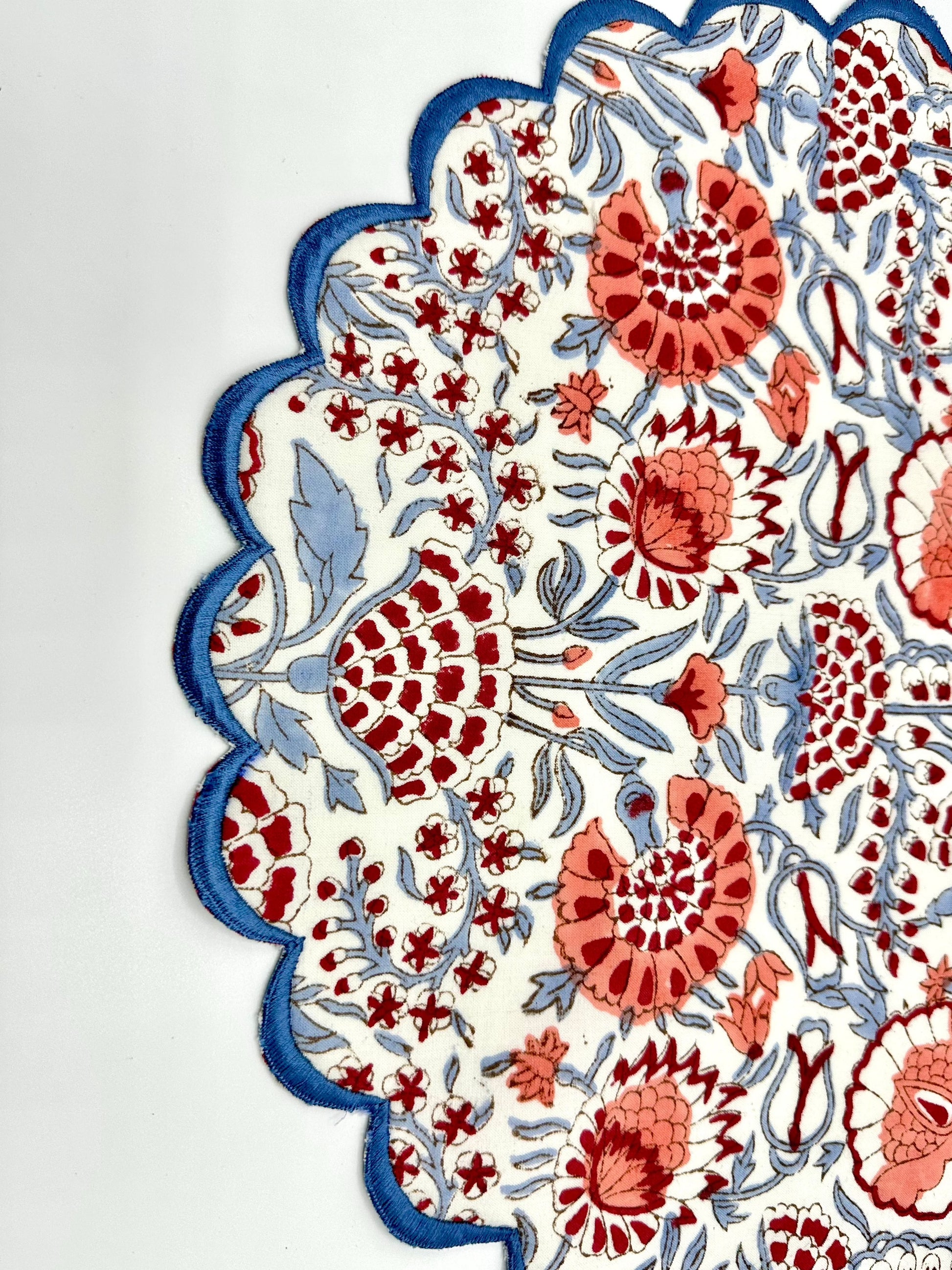 Set of 4 I Red & Blue Round Scalloped Edge Embroidered Placemat I Table Mats I Cotton Placemat I Table Linen I Tablecloth - DharBazaar