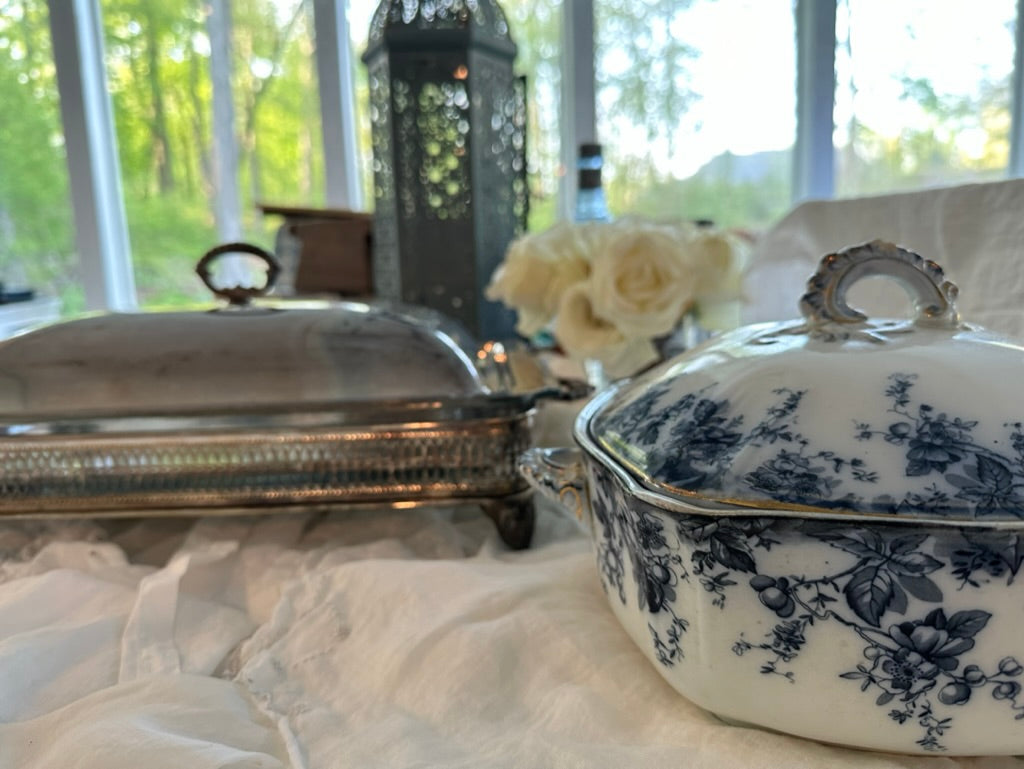 Rare Flow Blue Floral Square Serving Dish from Clevedon Collection by Ridgeways I Serving Dish - DharBazaar