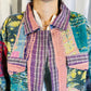 Sustainably Crafted Unique Quilted Trucker Jacket in Green, Pink and Purple from Recycled Saris - DharBazaar