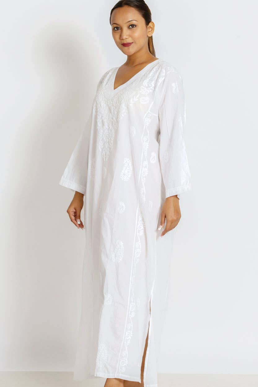 White Cotton Caftan with White Embroidery - DharBazaar