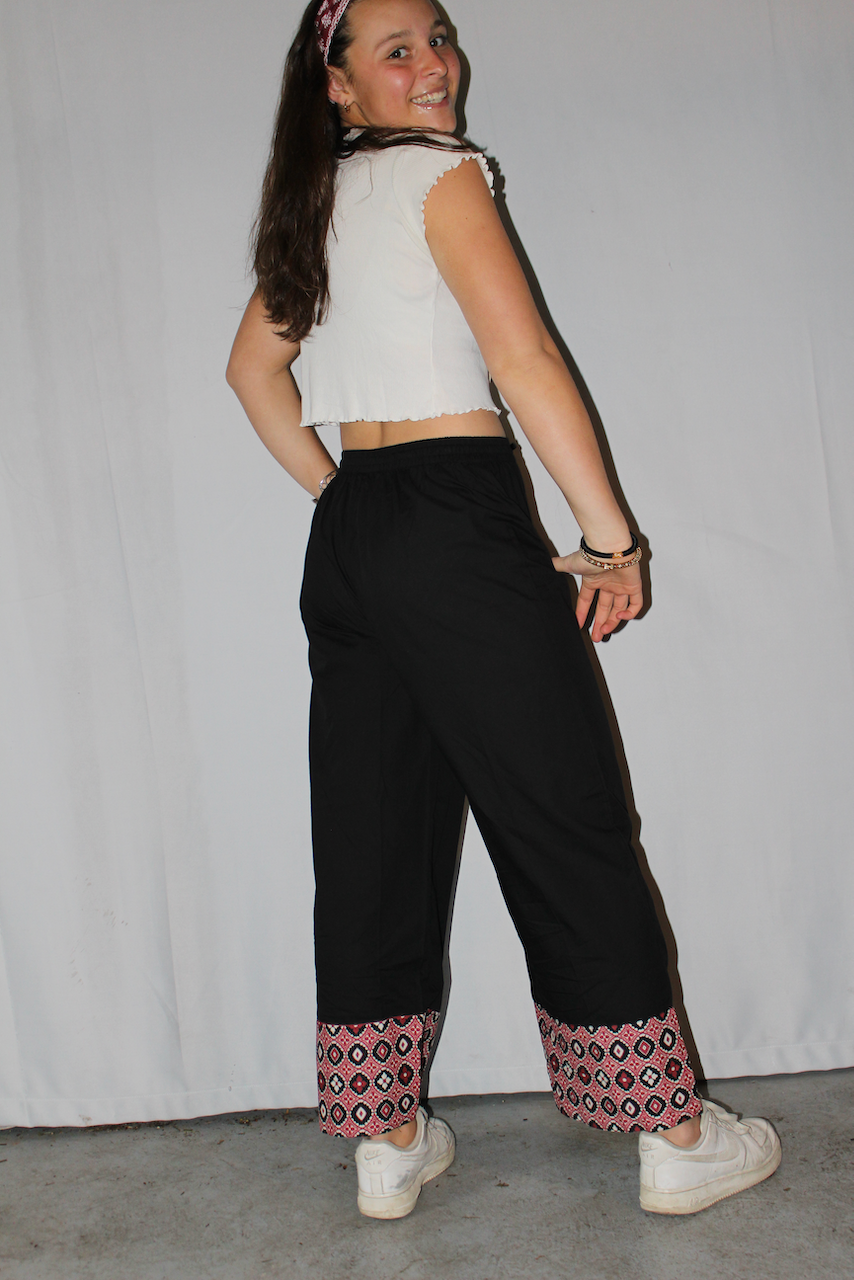 Luxury Cotton Culottes in Black with Red Mughal Floral Trim I Cotton Pants I Womens Pants I Trousers I Formal Pants in Black - DharBazaar