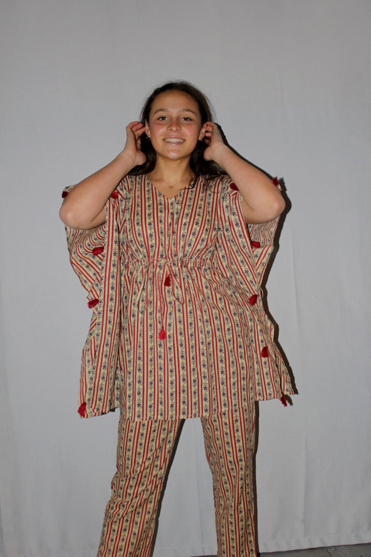 Beige Moomoo Pajamas with Red Stripes and Flowers | Perfect swimsuit cover up | 100% Cotton | Loose fitting | Comes in long and short - DharBazaar