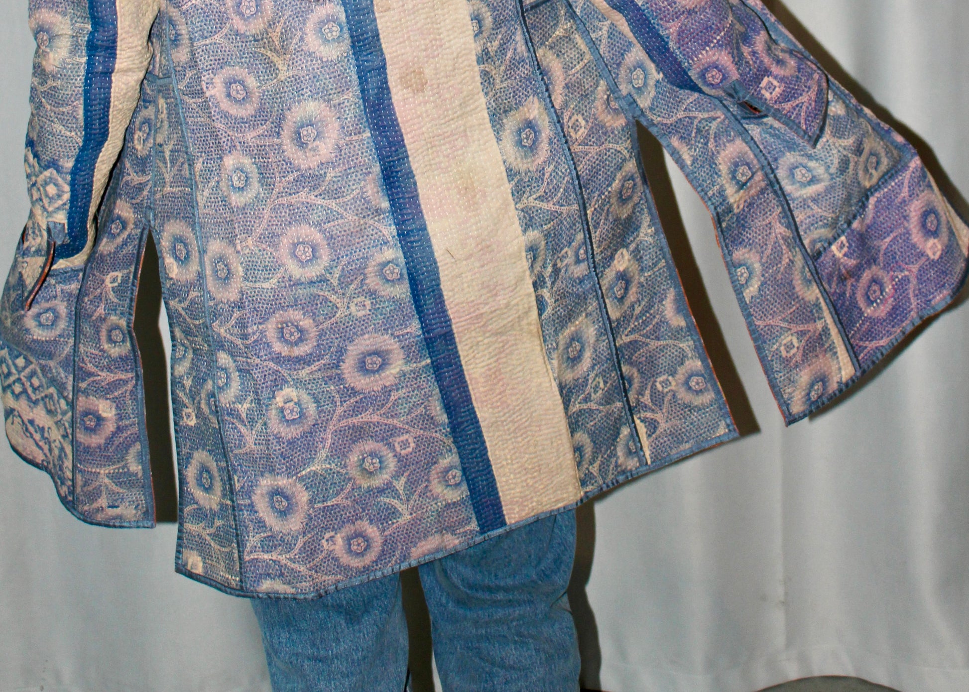 Long Blue Kantha Quilted Jacket | Recycled Saris | Sustainable Fashion | Luxury Jacket | Quilted Jacket | Handcrafted - DharBazaar