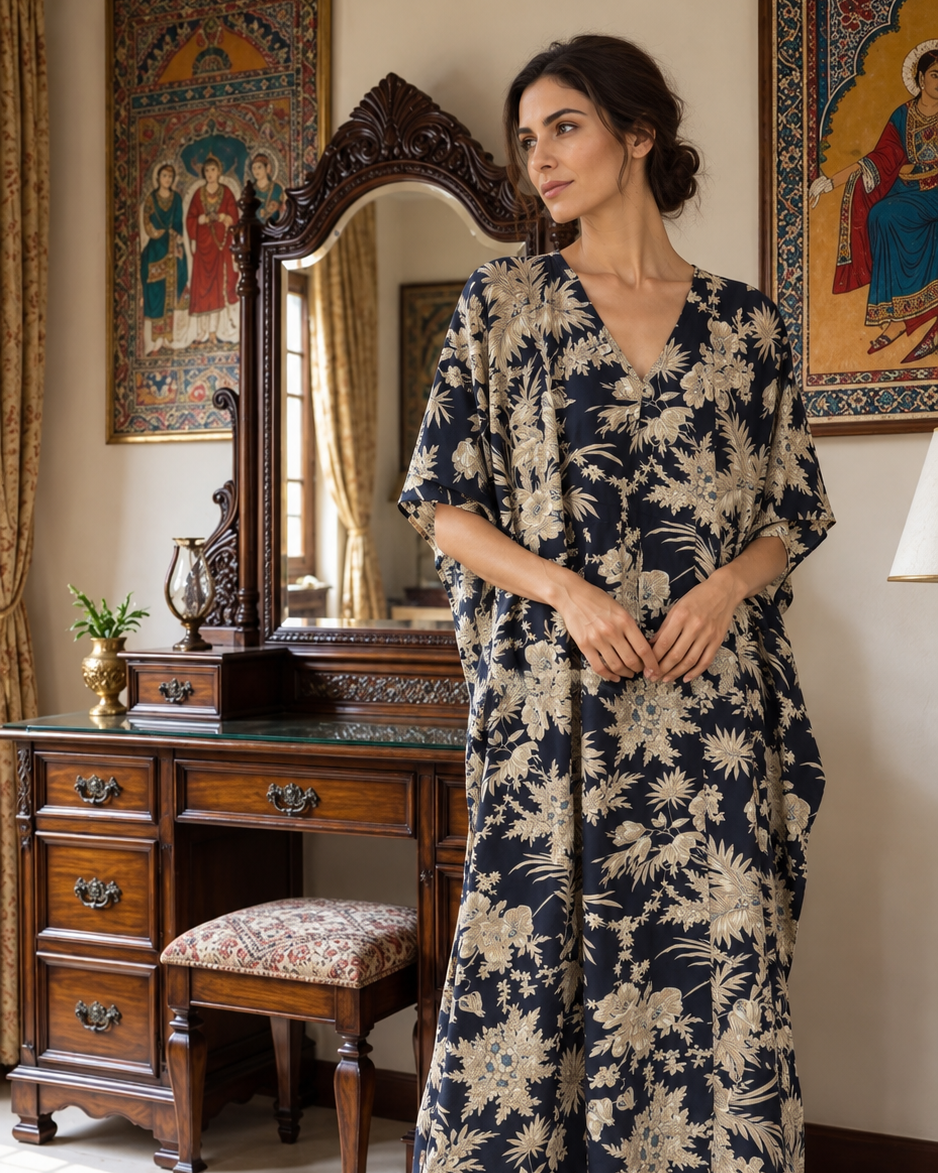 Black and Ivory Floral Kaftan