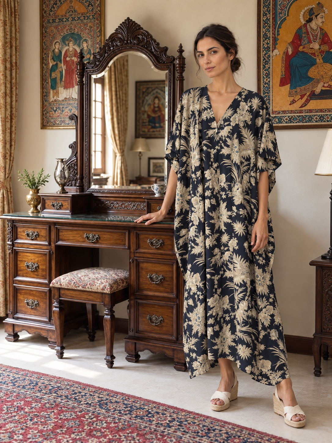 Black and Ivory Floral Kaftan