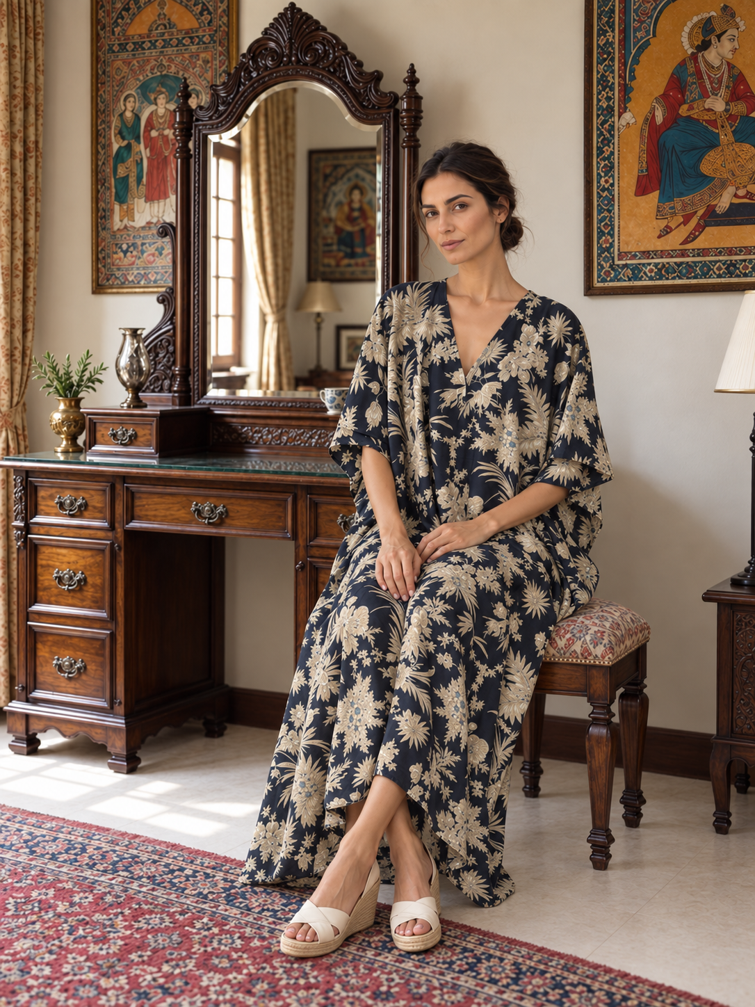 Black and Ivory Floral Kaftan