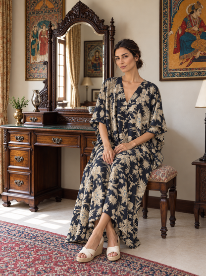 Black and Ivory Floral Kaftan