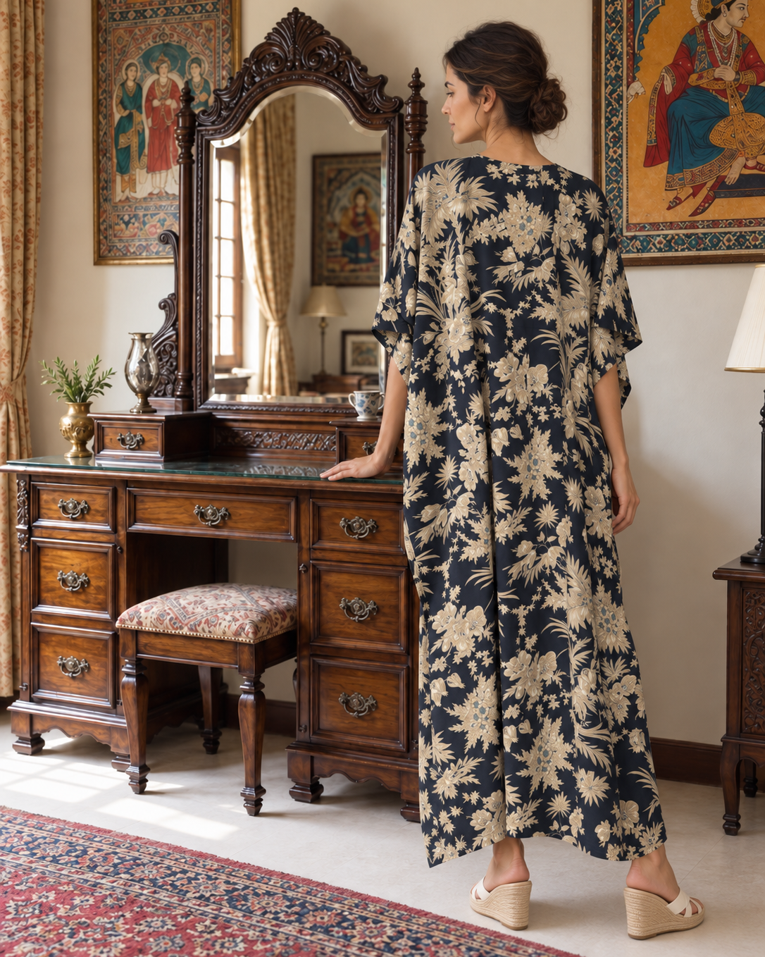 Black and Ivory Floral Kaftan
