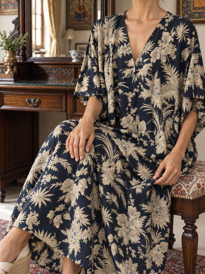 Black and Ivory Floral Kaftan