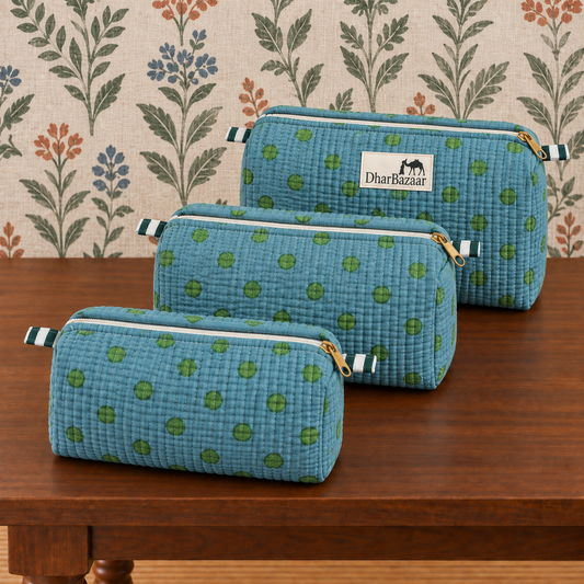 Set of Three Green Hand-block Printed Travel Bags