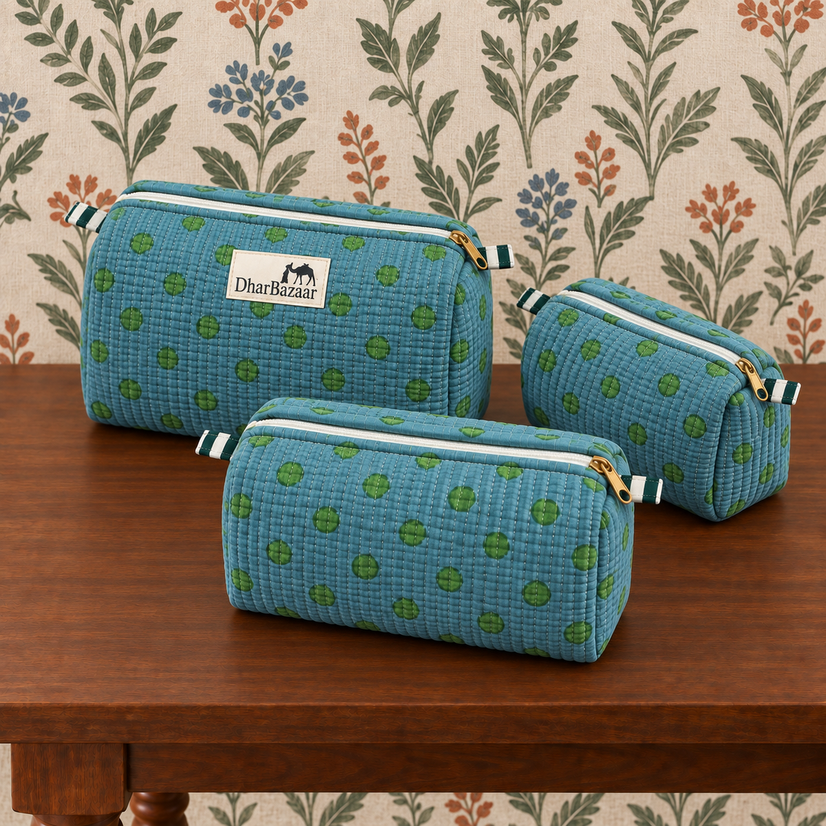 Set of Three Green Hand-block Printed Travel Bags
