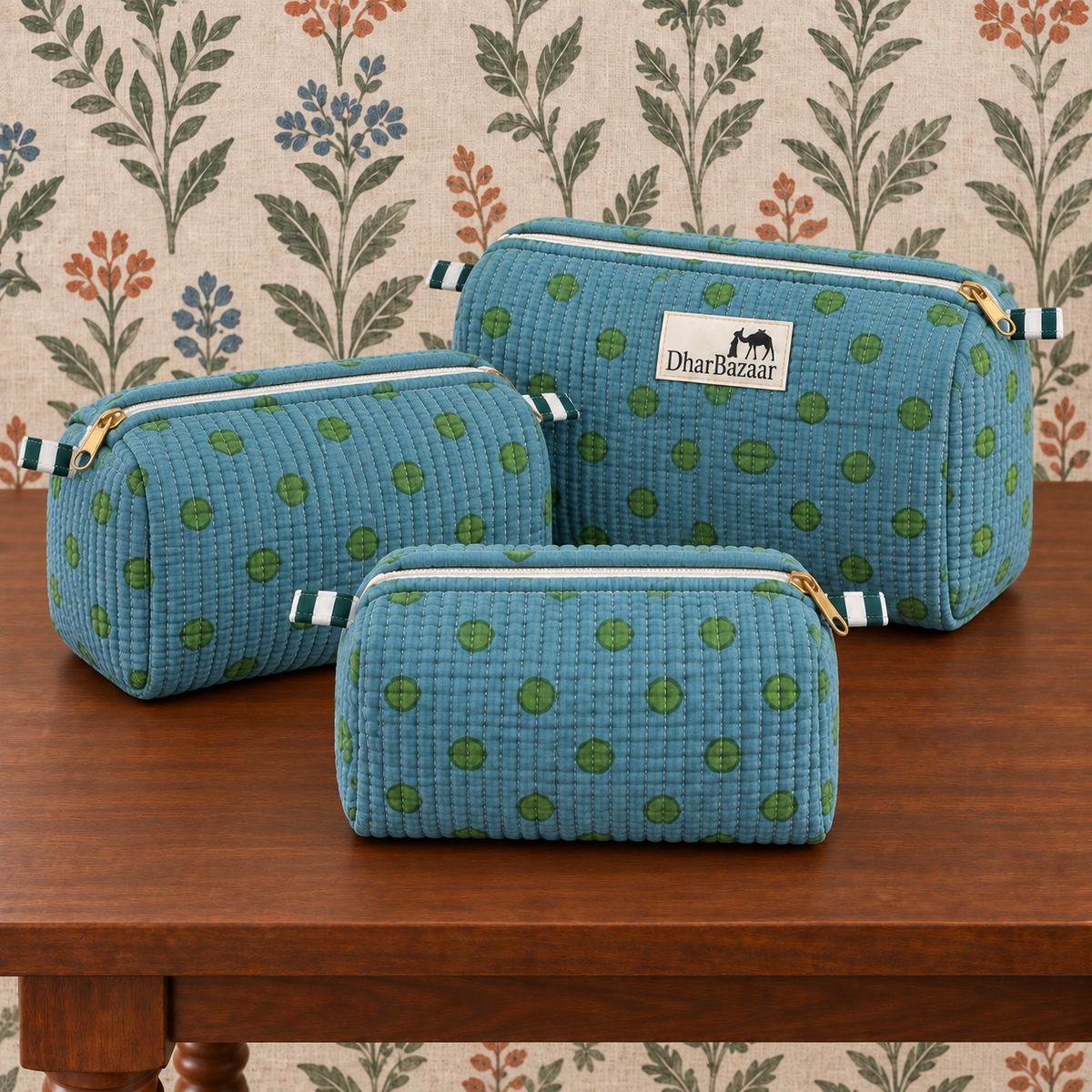 Set of Three Green Hand-block Printed Travel Bags