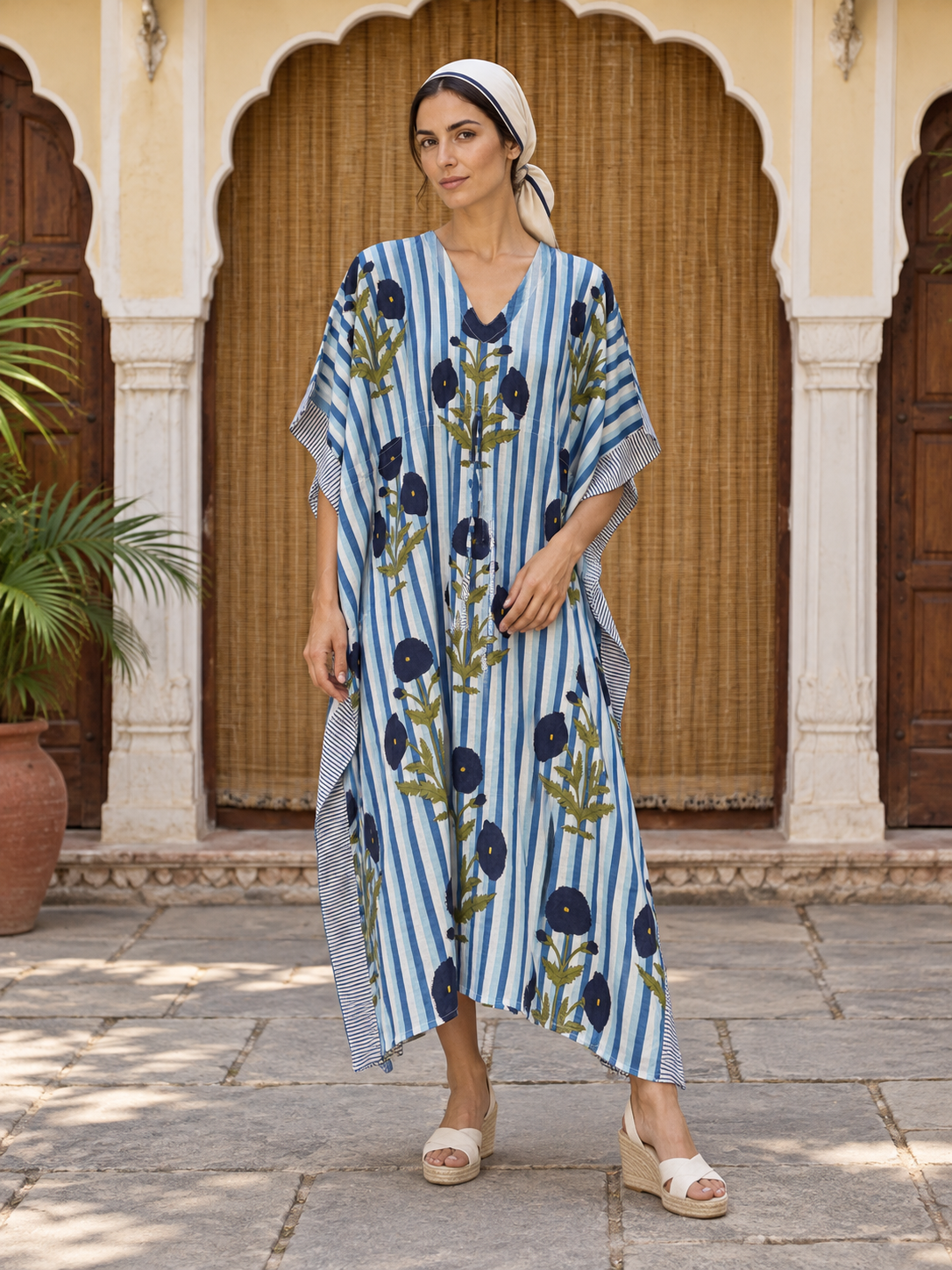 Blue and White Striped Poppy Kaftan