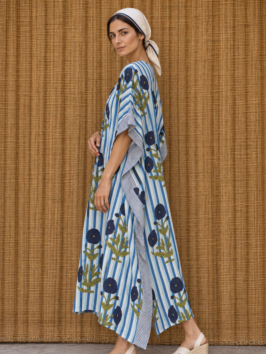Blue and White Striped Poppy Kaftan