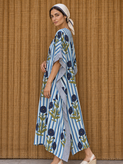 Blue and White Striped Poppy Kaftan