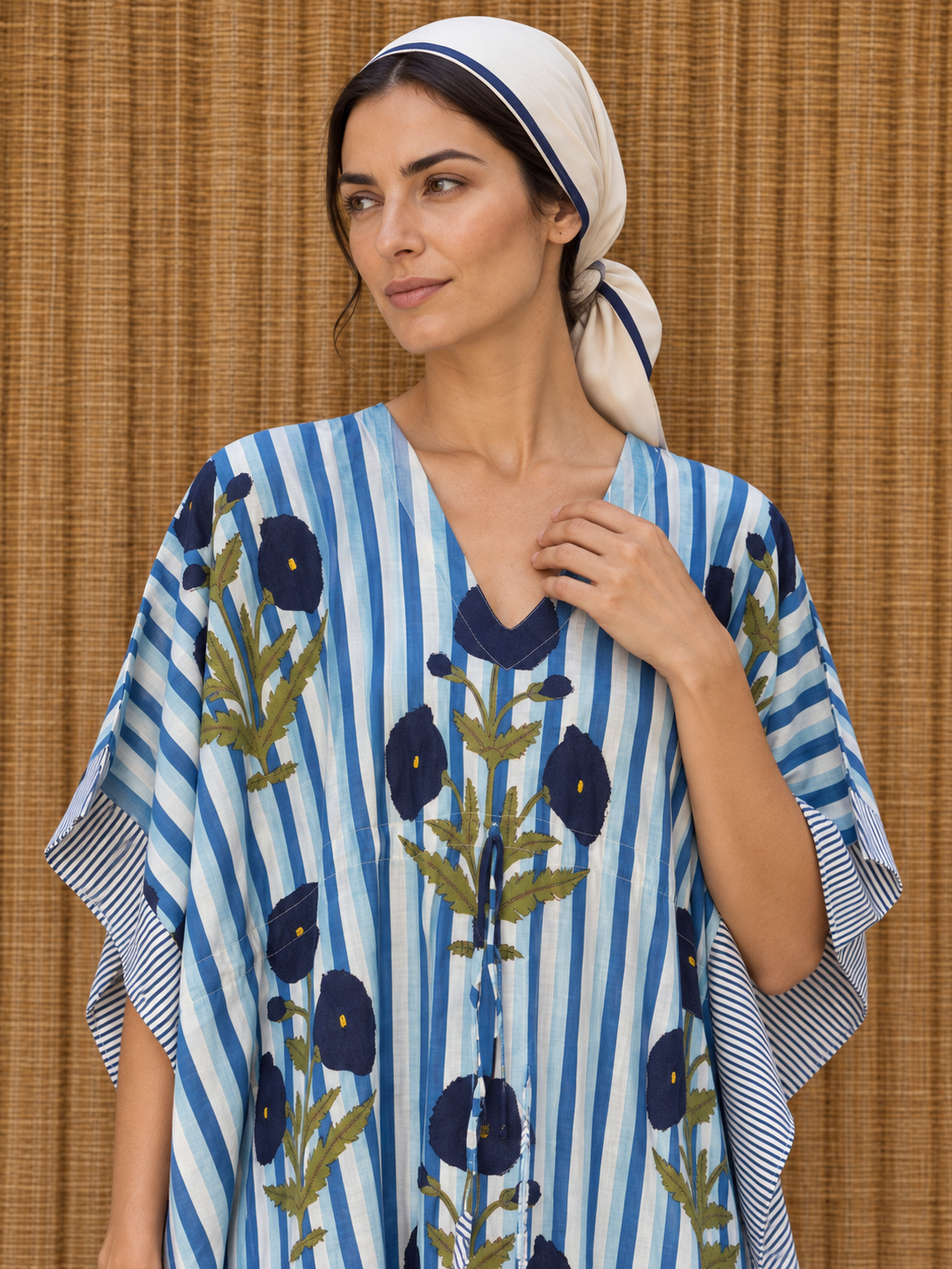 Blue and White Striped Poppy Kaftan