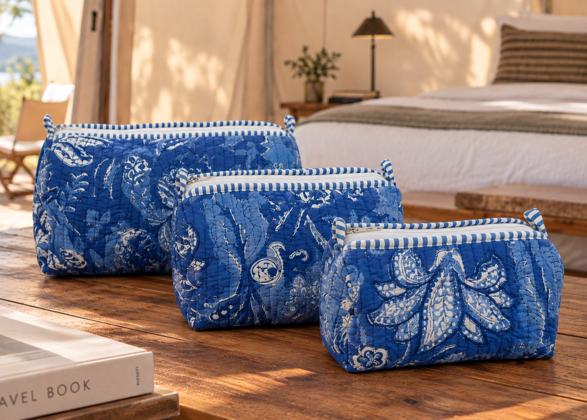 Set of Three Indigo Hand-block Printed Travel Bags