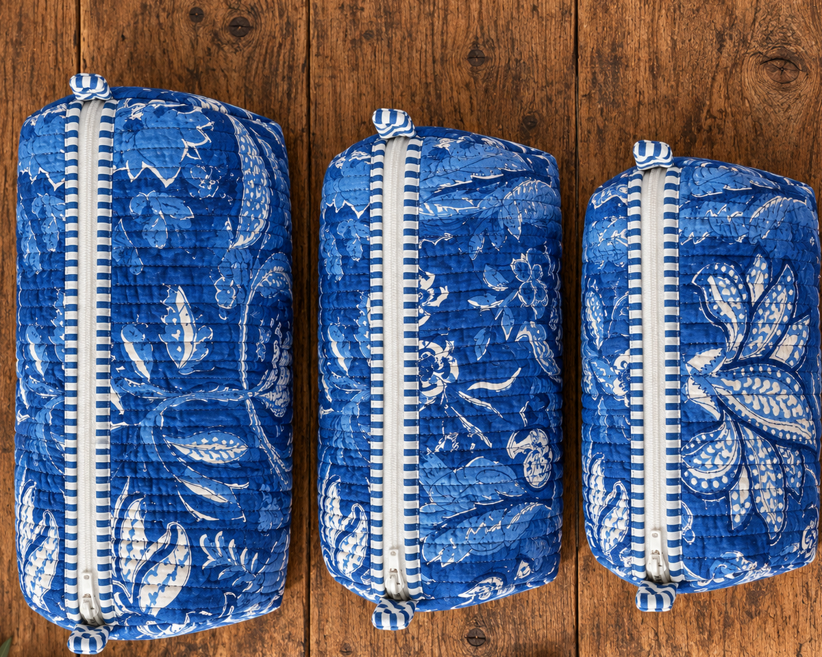 Set of Three Indigo Hand-block Printed Travel Bags